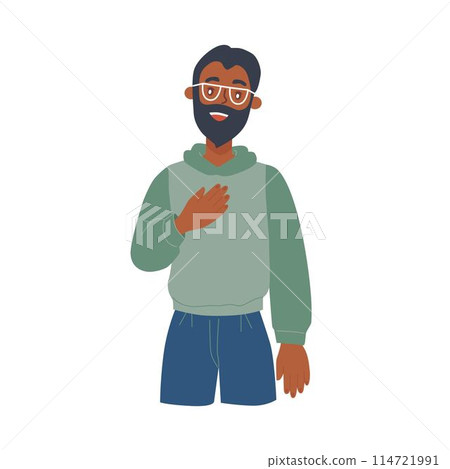 Sincere man holds his hand on his chest. Sign of recognition and gratitude. Vector flat illustration. Sincere man holds his hand on his chest. Sign of recognition and gratitude. Vector flat illustration. 114721991