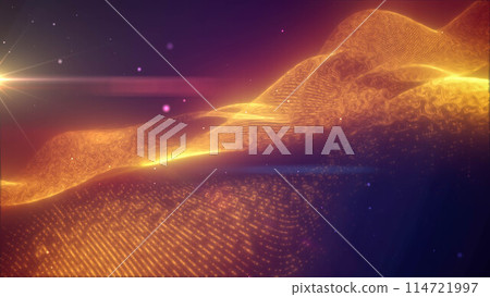 Yellow energy glowing magic waves high-tech digital iridescent liquid plasma with light rays lines and energy particles. Abstract background Yellow energy glowing magic waves high-tech digital iridescent liquid plasma with light rays lines and energy particles. Abstract background 114721997