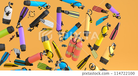 Many of flying scuba stuff like oxygen tank, flip flops and scuba mask on orange 114722100