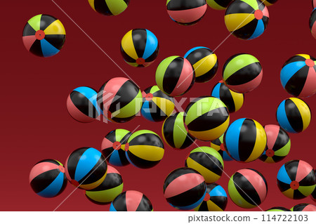 Many of flying beach balls isolated on red background Many of flying beach balls isolated on red background 114722103