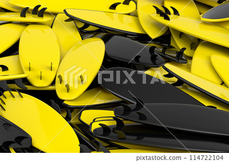 Pile of surfboard for summer surfing isolated on yellow background. 114722104