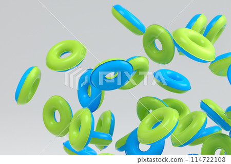 Many of flying inflatable ring for swimming pool isolated on white background Many of flying inflatable ring for swimming pool isolated on white background 114722108