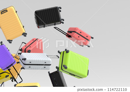 Many of flying suitcase or baggages isolated on white background. 114722110