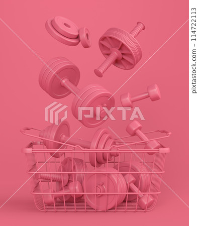 Sport equipment for fitness, gym in shopping basket on monochrome Sport equipment for fitness, gym in shopping basket on monochrome 114722113