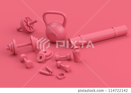Isometric view of sport equipment like kettlebell, fitness ball and yoga mat 114722142