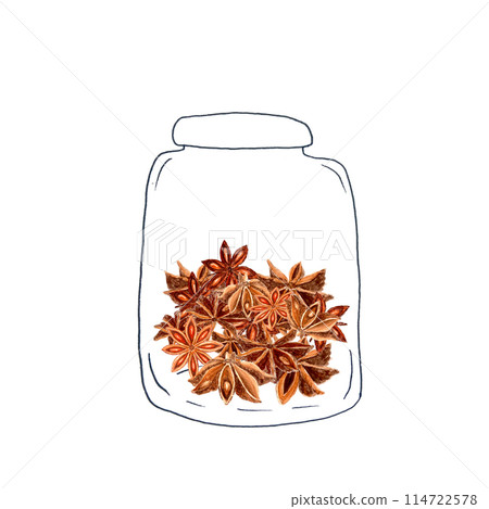 Star anise in a jar realistic watercolor illustration composition on a white background. Spices with detailed texture. Perfect for culinary, botanical projects, spice containers, logo and label design 114722578