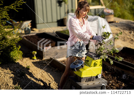 Woman works at backyard garden Woman works at backyard garden 114722713