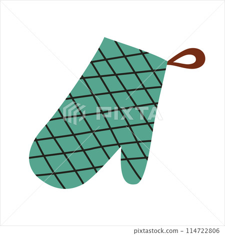 Baking glove icon, vector illustration of chef kitchenware, cooking mitt doodle, heat protection for bakery, potholder, cloth material for hot oven, home kitchen utensils, isolated colored clipart 114722806