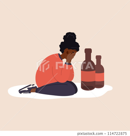 Female Alcoholism. Depressed african woman sitting on floor and crying. Girl suffering from hard drinking. Alcoholism effects. Alcohol Abuse. Vector illustration in flat cartoon style 114722875