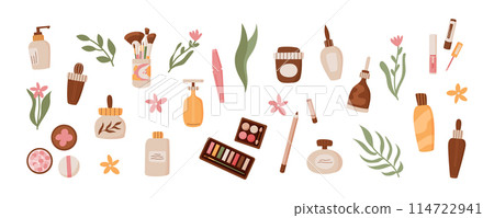Colorful natural makeup product collection, cartoon eco cosmetic oil tube with green plants, flat fashion skin care shampoo bottle with eyeliner and flowers, trendy antiaging bodycare pack set. Colorful natural makeup product collection, cartoon eco cosmetic oil tube with green plants, flat fashion skin care shampoo bottle with eyeliner and flowers, trendy antiaging bodycare pack set. 114722941