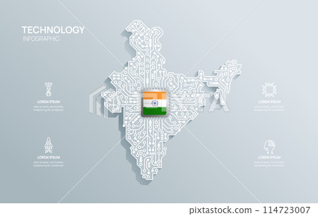 Circuit chip board semiconductor technology infographic. infograph circuit board India map shape concept background. Vector illustration. Circuit chip board semiconductor technology infographic. infograph circuit board India map shape concept background. Vector illustration. 114723007