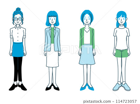 Full-body illustrations of women with various hairstyles and clothes 114723057