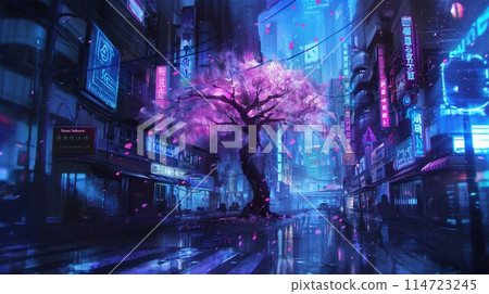 Cyberpunk night cityscape with cherry blossoms Cyberpunk night cityscape with cherry blossoms 114723245
