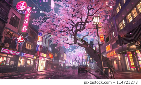 Cyberpunk night cityscape with cherry blossoms Cyberpunk night cityscape with cherry blossoms 114723278