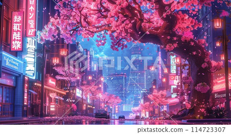 賽博朋克夜城景觀與櫻花 賽博朋克夜城景觀與櫻花 114723307
