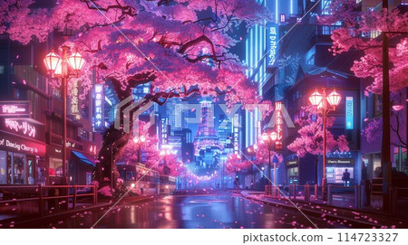 Cyberpunk night cityscape with cherry blossoms 114723327
