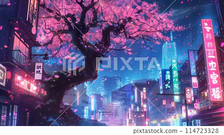 Cyberpunk night cityscape with cherry blossoms 114723328