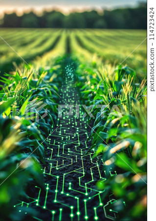 Field of wheat with lines and data visualizations in the background. 114723424