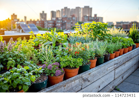 Urban rooftop garden with solar panels and container plants at sunset. 114723431