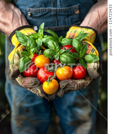 A Man in garden gloves holding fresh tomatoes and basil. A Man in garden gloves holding fresh tomatoes and basil. 114723433