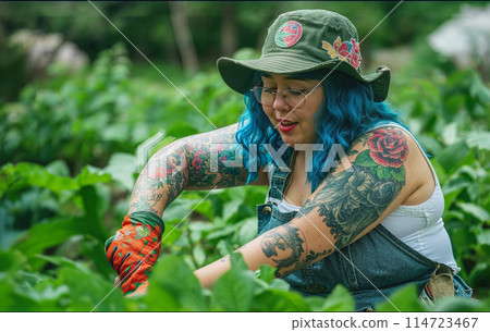 Non-binary asian person with blue hair and tattoos gardening in a lush vegetable garden. 114723467