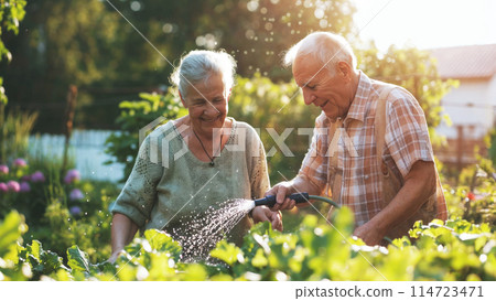 Elderly couple watering vegetable garden with hose on sunny morning 114723471