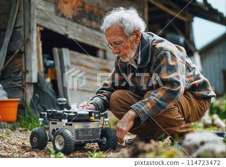 Old farmer sees robot gathering soil samples in field 114723472
