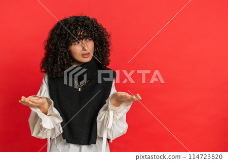 Angry woman asking why what reason of failure irritation disbelief by troubles conflict quarrel Angry woman asking why what reason of failure irritation disbelief by troubles conflict quarrel 114723820