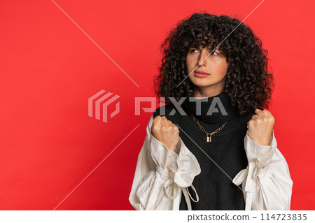 Irritated upset frustrated annoyed Caucasian woman quarreling asking reason of conflict problem 114723835