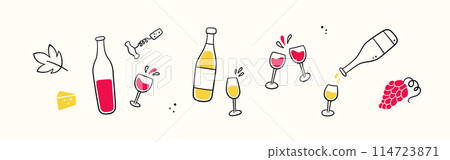 Wine bottles and glasses set. Pour wine into glass from bottle. Hand drawn line elements. Cheese, red grapes and corkscrew. Champagne splashes. Vector illustration in doodle style on light background 114723871