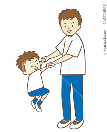 A boy jumps while holding hands with his father in parent-child gymnastics 114724068