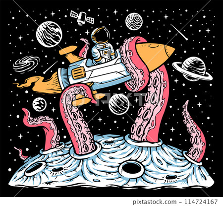 Monsters attack astronaut rocket in space illustration Monsters attack astronaut rocket in space illustration 114724167