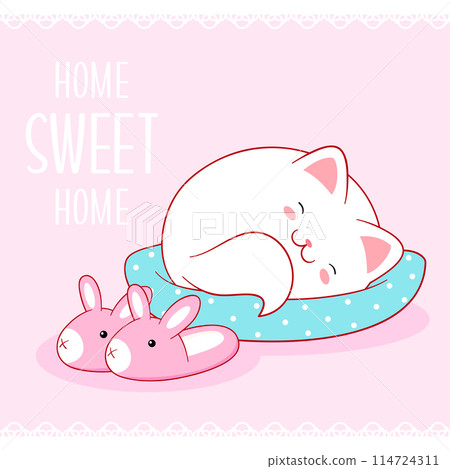 Cute season card with kitty. Lovely little cat sleeping. Inscription Home sweet home. Can be used for t-shirt print, stickers, greeting card design. Vector illustration EPS8 Cute season card with kitty. Lovely little cat sleeping. Inscription Home sweet home. Can be used for t-shirt print, stickers, greeting card design. Vector illustration EPS8 114724311