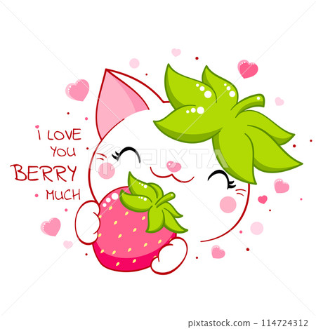 Cute cat with strawberry. Inscription I love you berry much. Kawaii little kitty and ripe red berry. Happy summer time card. Vector illustration EPS8 Cute cat with strawberry. Inscription I love you berry much. Kawaii little kitty and ripe red berry. Happy summer time card. Vector illustration EPS8 114724312