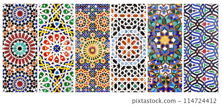 Set of vertical or horizontal banners with detail of ancient mosaic walls with floral and geometric ornaments. Collection of backgrounds with traditional iranian tile decorations Set of vertical or horizontal banners with detail of ancient mosaic walls with floral and geometric ornaments. Collection of backgrounds with traditional iranian tile decorations 114724412