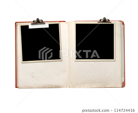 Old book, photo frame with paper tag attached with a vintage clip. Nostalgic scrapbooking style. Retro photo album and blank photos. Mock up template. Copy space for text. Isolated on white 114724416