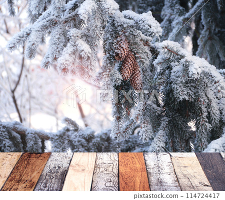 Christmas background. Blank wooden table top on sunny winter forest backdrop. Wood terrace flooring and branch of pine with pinecones covered with frost. Holiday xmas banner with branches of fir tree 114724417