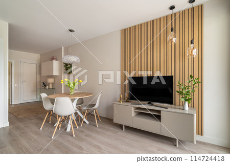 Modern Dining Area with View of the TV Wall 114724418