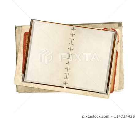 Old book with blank pages. Vintage opened book with empty page. Isolated on white background. Mock up template. Copy space for text 114724429