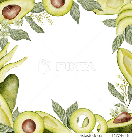 Square frame. Watercolor avocado leaves and flowers illustration. Hand drawn botanical drawing. Tea leaf. Green plant vegetables on isolated background for food, cosmetic packaging design, card 114724696