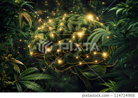 Human brain with glowing neural connections, surrounded by cannabis plants. 114724908