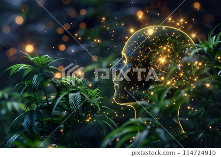 Human head surrounded by cannabis plants 114724910