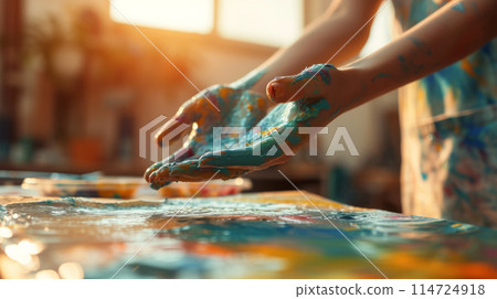 The artist's hands are stained with paint. 114724918