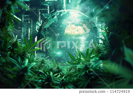 A glowing globe surrounded by cannabis plants. 114724919