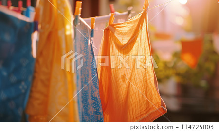 Washed clothes are dried outside 114725003