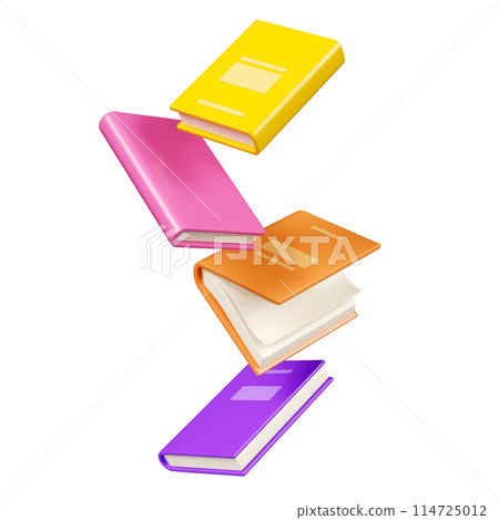 Floating books with bright color hardcover isolated on white. Cartoon 3d render illustration of flying literature for school education and library concept. Soar paper brochure for bookstore design. Floating books with bright color hardcover isolated on white. Cartoon 3d render illustration of flying literature for school education and library concept. Soar paper brochure for bookstore design. 114725012