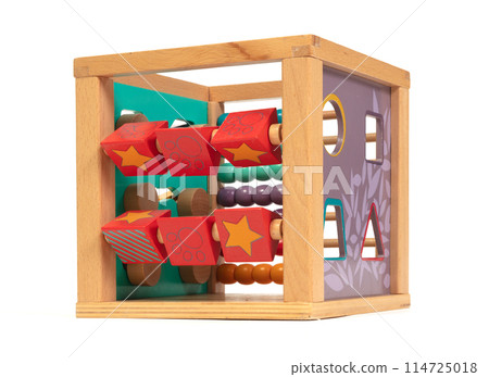 Wooden eco-friendly busy board cube - educational toy for children and babies on a white background 114725018