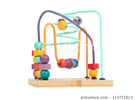 Children's developing toy, a labyrinth of wooden beads isolated on white baskground Children's developing toy, a labyrinth of wooden beads isolated on white baskground 114725023