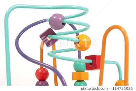 Children's developing toy, a labyrinth of wooden beads isolated on white baskground Children's developing toy, a labyrinth of wooden beads isolated on white baskground 114725026