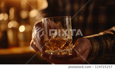 Close-up of a glass of bourbon in the hands of a man 114725257
